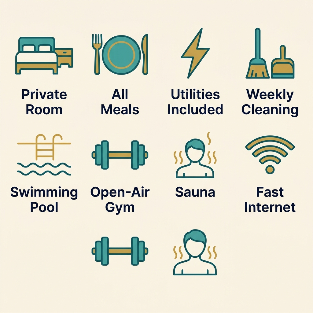 Icon set showing included amenities: private room, meals, utilities, cleaning, pool, gym, sauna, and internet.