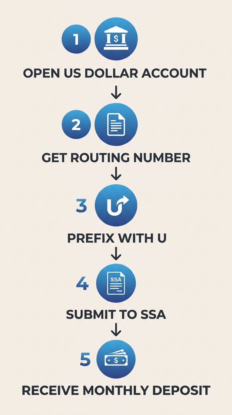 Vertical process flow diagram with 5 numbered circles connected by arrows showing steps to set up Social Security direct deposit in Colombia.