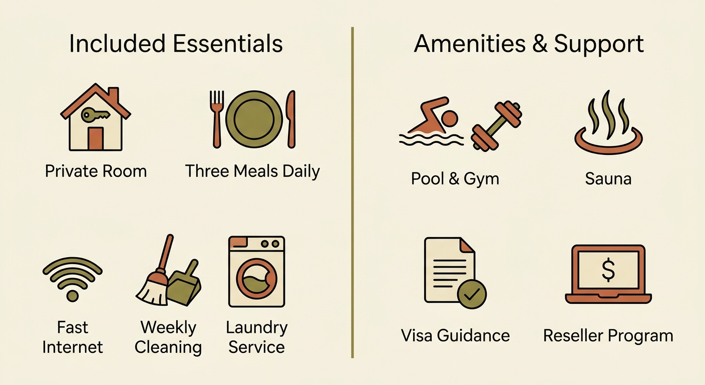 Infographic in navy blue and gold with two columns: Amenities listing Pool, Gym, Sauna, Terraces, Chef-Prepared Meals and Community listing Fellow Veterans, Vetted Applicants, Shared Experiences, Weekly Social Events.