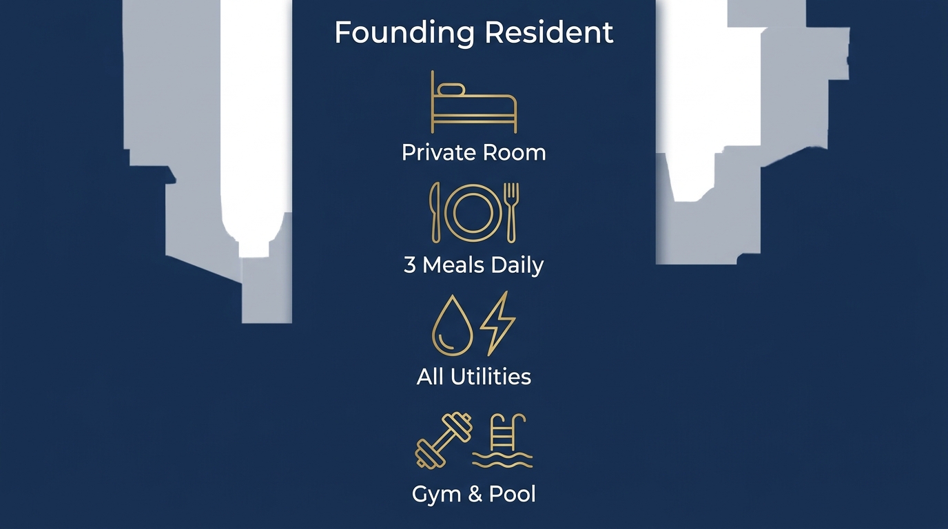 Infographic showing the Founding Resident room tier at ColombiaLiving.vet with four icons: a bed for private room, plate and fork for meals, water drop and lightning bolt for utilities, and dumbbell and pool for gym and pool.