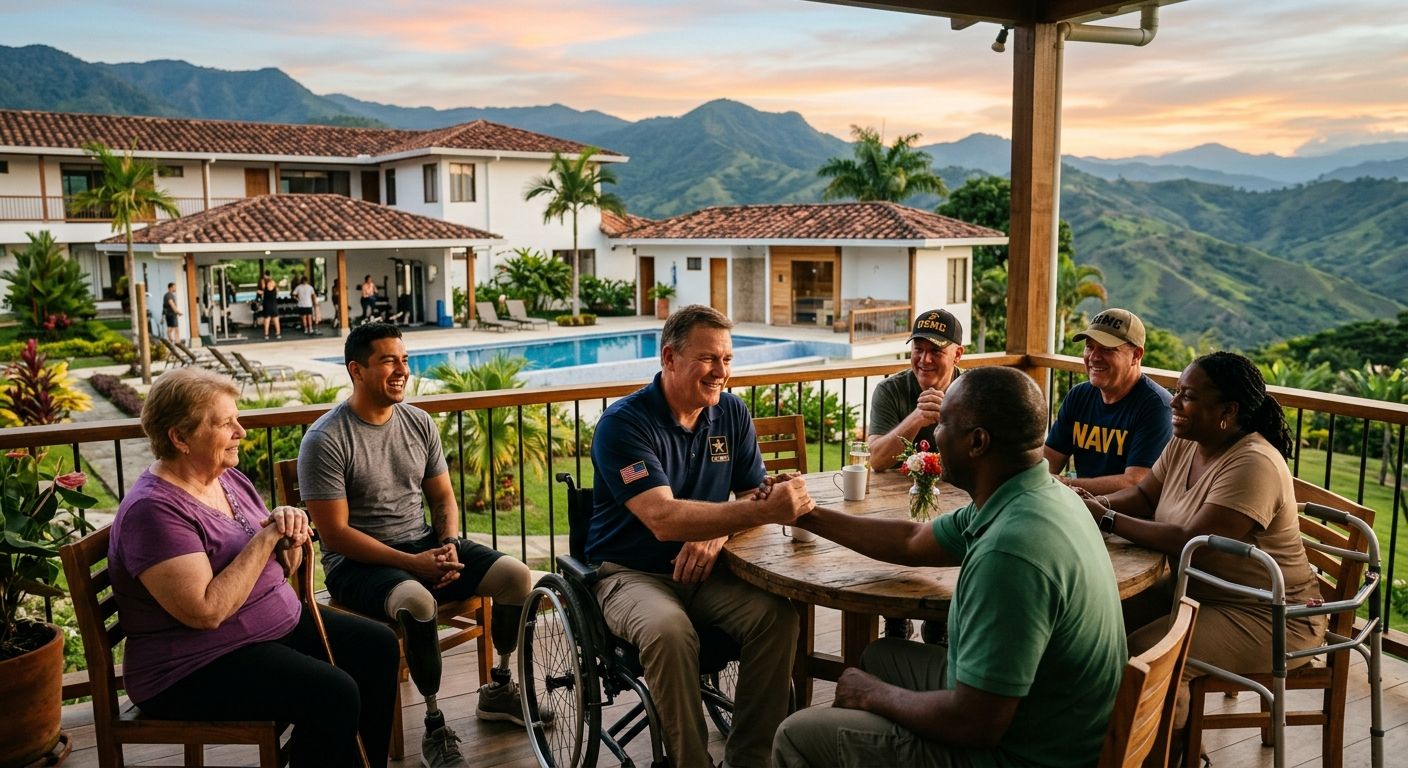 Flat icon set showing six on-site amenities for a veteran community in Colombia: pool, gym, sauna, terraces, three meals daily, and weekly cleaning.