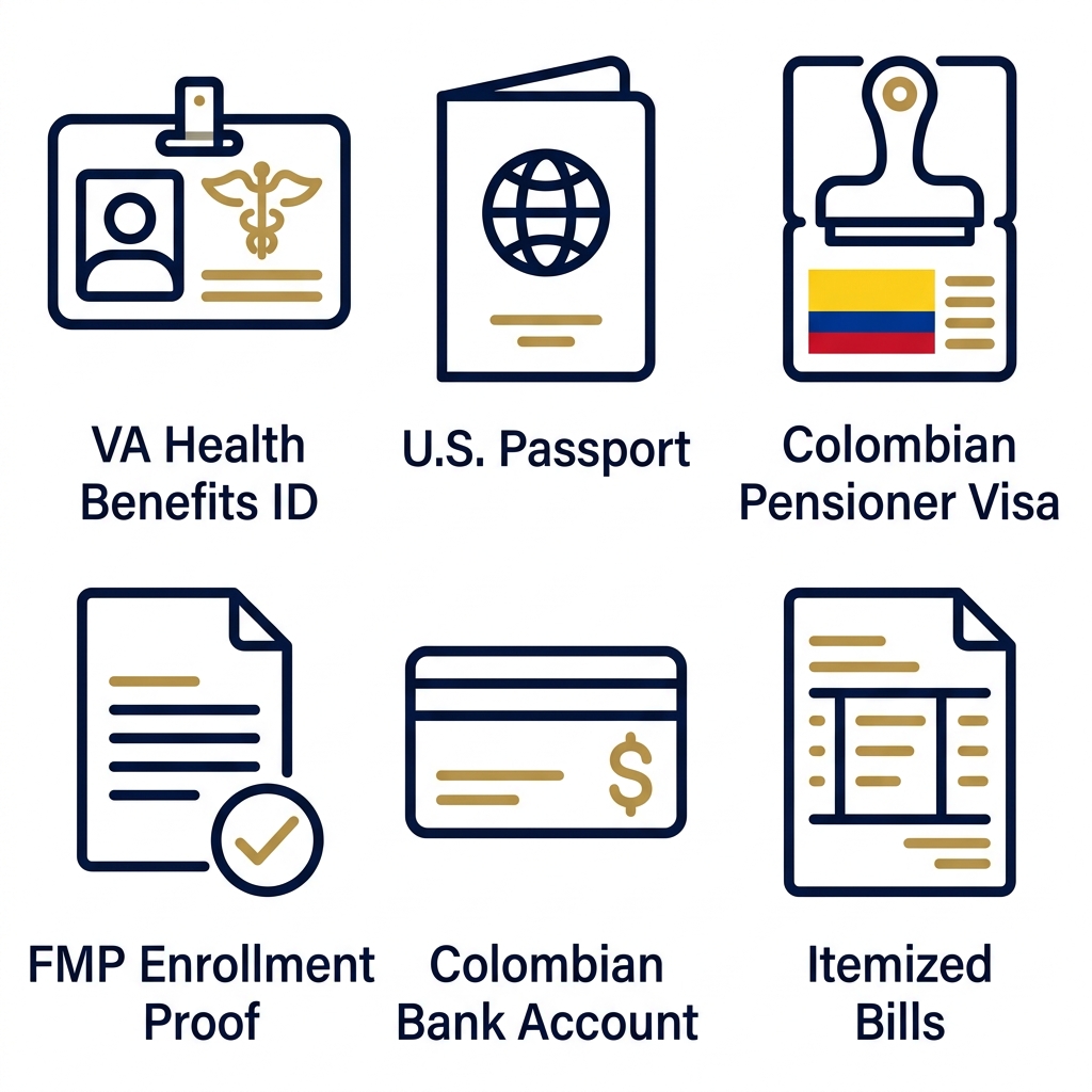 Icon set illustrating six items needed for the Foreign Medical Program in Colombia: VA health ID, passport, visa, enrollment proof, bank account, and itemized bills.